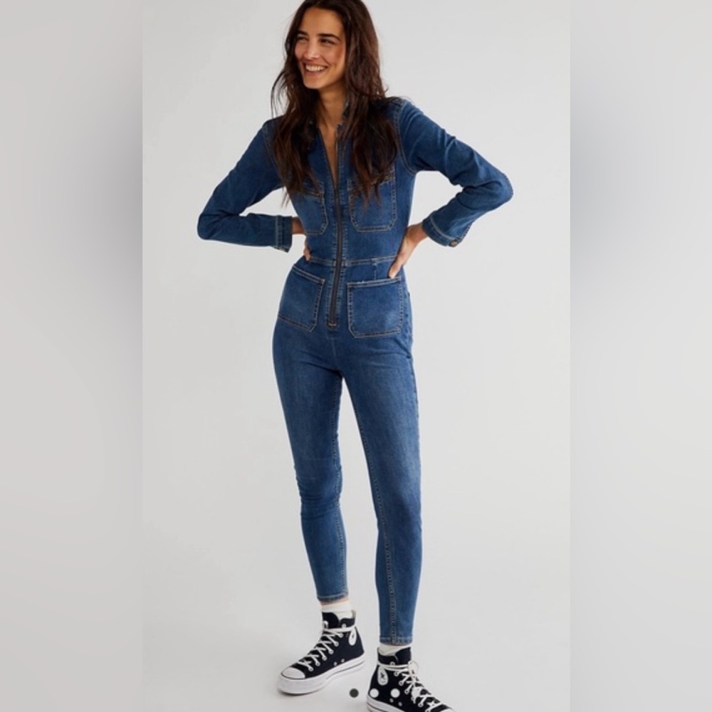 Free People Dark Denim Zip-Front Lennox Jumpsuit